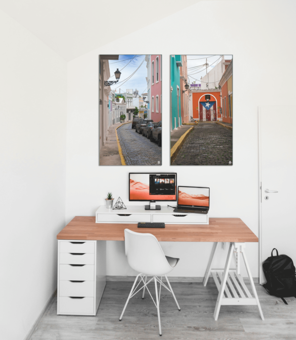 "Calle San Sebastián, Viejo San Juan" and "Calle Imperial, Viejo San Juan" mounted on wall